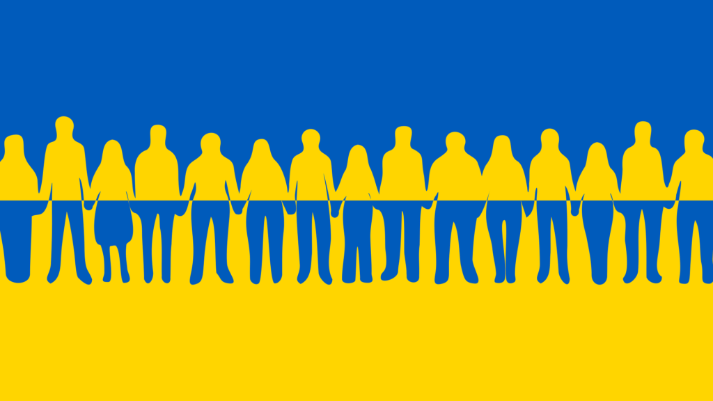Graphic showing silhouettes of people holding hands in the colours of the Ukraine flag
